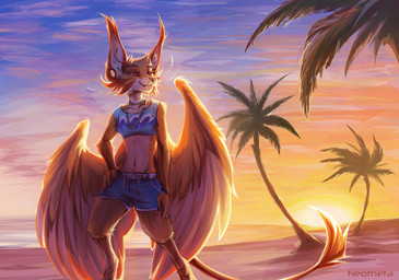 anthro beach day detailed_background feathered_wings feathers female outside sand seaside shoreline sky smile solo sun water wings neotheta felid feline hybrid mammal 2020 digital_media_(artwork)