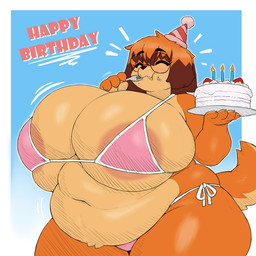 anthro areola areola_slip belly big_belly big_breasts bikini blue_background breasts cake clothing curvy_figure dessert eating eyes_closed eyewear female food fur glasses happy_birthday holding_object holding_plate huge_breasts orange_body orange_fur plate simple_background solo swimwear text two-piece_swimsuit voluptuous wearing_glasses leokun dog_girl_(berseepon09) canid canine canis domestic_dog mammal 1:1 absurd_res hi_res