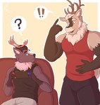 age_difference anthro antlers biceps clothed clothing duo exclamation_point eyebrows facial_hair fully_clothed fur gaming hair horn male male/male mature_anthro mature_male muscular muscular_anthro muscular_male mustache open_mouth open_smile pecs playing_video_game shirt sitting smile tail tank_top topwear verdedeer nintendo nintendo_switch espen_(verdedeer) jules_(verdedeer) deer mammal new_world_deer reindeer 2022 digital_media_(artwork) hi_res