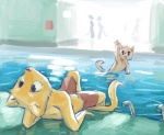 anthro blushophile cheek_tuft clothed clothing domestic_cat duo facial_tuft felid feline felis fur gesture inside looking_back lying male mammal on_back swimming swimming_pool swimming_trunks swimwear topless tuft water waving wet yellow_body yellow_fur young young_anthro