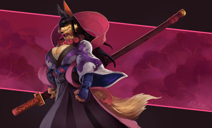 anthro asian_clothing beaded_jewelry beaded_necklace beads big_breasts black_hair black_lips breasts brown_body brown_fur cleavage clothed clothed_anthro clothing east_asian_clothing female fur green_eyes hair hime_cut holding_melee_weapon holding_object holding_sword holding_weapon japanese_clothing jewelry lips melee_weapon necklace snout solo sword weapon pajamamcham asian_mythology east_asian_mythology japanese_mythology mythology inugami_(palesnake) canid canine inugami mammal yokai hi_res