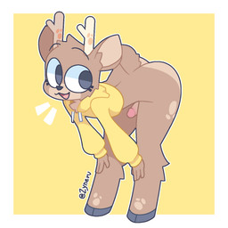 anthro antlers balls bent_over black_eyes border brown_body brown_fur butt clothing cropped_hoodie disembodied_penis erection eyebrows femboy fur fur_markings genitals grey_hooves grey_penis hands_on_knees hands_on_legs happy hoodie hooves horn humanoid_genitalia humanoid_penis looking_back male markings multicolored_body multicolored_fur open_mouth penis penis_on_butt raised_eyebrows short_tail simple_background solo standing tail tan_body tan_fur text topwear tuft two_tone_body two_tone_fur vein veiny_penis white_border yellow_background yellow_clothing yellow_hoodie yellow_topwear zyneru oakley_(aiyhav_nouneim) deer mammal 1:1 2024 artist_name hi_res
