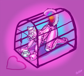 anthro bdsm bondage bound bowl cage chastity_cage chastity_device clothing container femboy fur gag gagged gimp_suit hair heart_symbol knee_pads latex latex_clothing latex_skinsuit male multicolored_body multicolored_fur muzzle_(object) muzzled pet_bowl petplay puppyplay rainbow_body rainbow_fur roleplay simple_background skinsuit solo sparklefur submissive submissive_male tight_clothing turbinedivinity canid canine canis domestic_dog mammal 2012