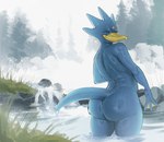 2024 ambiguous_gender anatid anseriform anthro anthrofied avian beak big_butt biped bird blue_body blue_feathers butt detailed_background eyes_closed feathers forehead_gem gem generation_1_pokemon golduck grass hi_res hot_spring membrane_(anatomy) nintendo nude outside painted_background partially_submerged plant pokemon pokemon_(species) pokemorph poskapaints smile solo standing tail tree water webbed_hands wet wet_body yellow_beak