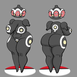 armless back_markings big_breasts big_butt breast_markings breasts butt crotch_markings eyelashes featureless_breasts featureless_crotch featureless_feet feet female floating_head front_view grey_background hip_markings huge_breasts huge_butt leg_markings looking_at_viewer markings multi_eye navel rear_view red_sclera simple_background slightly_chubby solo white_eyes gallo_wazavi nintendo pokemon claydol generation_3_pokemon humanoid pokemon_(species) pokemon_humanoid 1:1 hi_res