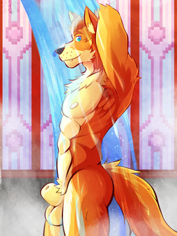 abs animal_genitalia anthro balls bathing biceps black_nose blue_eyes countershading fur genitals hair inner_ear_fluff iridescent_eyes looking_at_viewer male male_anthro muscular muscular_male nude_male orange_body orange_ears orange_fur orange_hair pecs raised_arms sheath showering smile solo stained_glass stained_glass_window standing steam tail tan_body tan_fur tan_inner_ear_fluff trapezius triceps tuft water whisker_spots window ventkazemaru mercury_abbey jampo_(mercury_abbey) canid canine fox mammal 2024 cel_shading dated hi_res shaded signature