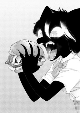 anthro black_body female food open_mouth solo hiroki_katsumata kuroi-san_(hiroki_katsumata) felid feline mammal hi_res
