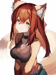 anthro belt big_breasts black_nose blush bottomwear bra breasts brown_body brown_fur brown_hair chest_tuft choker cleavage clothed clothing cute_fangs dipstick_ears dipstick_tail ear_markings eyebrow_through_hair eyebrows eyelashes facial_markings fangs female female_anthro fluffy fluffy_ears fur gloves_(marking) green_eyes hair head_markings inner_ear_fluff jewelry kemono long_hair markings multicolored_body multicolored_ears multicolored_fur multicolored_tail necklace pants simple_background smile solo tail tail_markings teeth translucent translucent_hair tuft underwear white_background white_body white_fur yellow_body yellow_fur tabhead canid canine fox mammal 2021 absurd_res digital_media_(artwork) hi_res