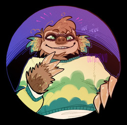 abstract_background anthro bangs big_claws brown_body brown_fur brown_hair brown_nose circle claws clothed clothing curly_hair fangs finger_claws front_view fully_clothed fur glistening glistening_eyes green_eyes grin hair looking_at_viewer looking_down looking_down_at_viewer low-angle_view male male_anthro short_hair simple_background smile solo sweater teeth text toony topwear 0ct0m0n0 mammal pilosan sloth species_request xenarthran artist_name colored digital_drawing_(artwork) digital_media_(artwork) half-length_portrait hi_res portrait shaded