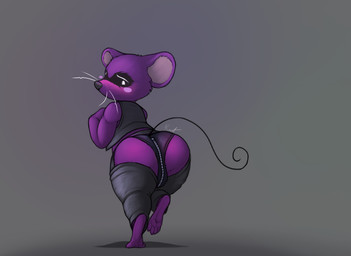 anthro big_butt blush bondage_gear butt chaps clothed clothed_anthro clothed_male clothing fur grey_background leather looking_back male male_anthro purple_body purple_fur raised_tail rear_view simple_background solo tail thin_tail topwear underwear vest whiskers zipper zipper_underwear geno28 mow-z_(geno28) mammal mouse murid murine rodent 2025 digital_media_(artwork) signature