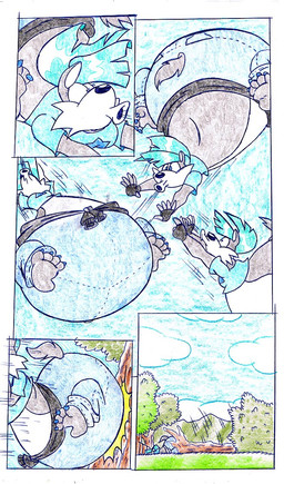 anthro belly big_belly blue_clothing blue_hair blue_shirt blue_topwear clothing female hair inflation outside shirt solo topwear virus-20 wendy_wolf_(virus-20) canid canine canis mammal wolf 2008 comic