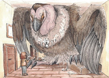 4_toes anisodactyl closed_beak cramped cramped_wings duo extreme_size_difference feathered_wings feathers feet female feral fluffy front_view inside larger_feral leaning leaning_forward macro one_eye_closed raised_hand room_filling size_difference smaller_human spread_wings standing toes wings theytfox nintendo pokemon matilda_(theytfox) accipitriform avian bird generation_5_pokemon human mammal mandibuzz pokemon_(species) vulture 2020 absurd_res hi_res painting_(artwork) traditional_media_(artwork) traditional_painting_(artwork) traditional_watercolor_(artwork) watercolor_(artwork)