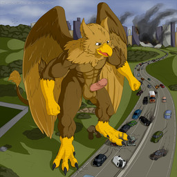 5_fingers abs anthro balls beak biceps brown_body brown_fur building city city_background city_destruction cityscape claws crush destruction erection feathered_wings feathers feet finger_claws fingers footprint fur genitals highway humanoid_genitalia humanoid_penis macro male muscular muscular_anthro muscular_male nude outside pawprint paws pecs penile penis rampage smile solo tail toe_claws toes vehicle vehicle_crash vehicle_destruction wings bartucthebloody mythology carpo avian gryphon mythological_avian mythological_creature 1:1