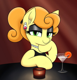alcohol beverage black_clothing clothed clothing cocktail ear_piercing eyelashes female furniture hair half-closed_eyes hooves inner_ear_fluff jewelry martini narrowed_eyes necklace orange_hair piercing ponytail pupils smile solo table tuft yellow_body vomitvomiting friendship_is_magic hasbro my_little_pony carrot_top_(mlp) equid equine mammal hi_res