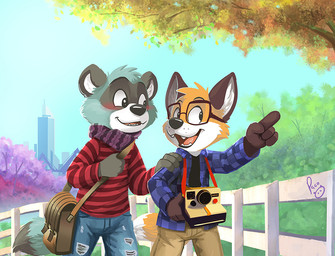 anthro blush bottomwear camera cheek_tuft clothed clothing detailed_background dipstick_tail duo eyewear facial_tuft footwear fully_clothed glasses gloves_(marking) group happy head_tuft male male/male markings multicolored_tail open_mouth open_smile pants plant plantigrade scarf shirt shorts smile tail tail_markings topwear tree tuft wearing_glasses pandapaco art_(pandapaco) biro_(pandapaco) canid canine fox mammal procyonid raccoon 2017 digital_media_(artwork)
