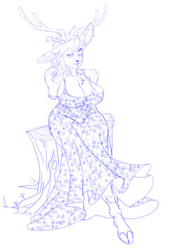 amputee anthro antlers big_breasts breasts clothed clothing disability dress female fur hooves horn missing_arm smile solo sundress thick_thighs tree_stump wide_hips silasfox dorothy_harthorn deer mammal new_world_deer white-tailed_deer blue_and_white hi_res line_art monochrome