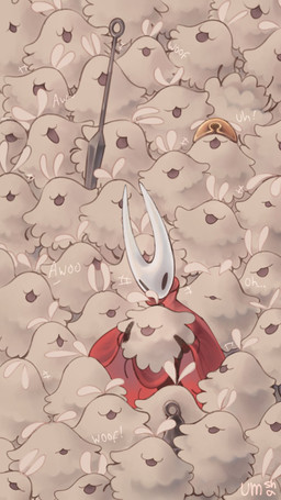 ambiguous_gender antennae_(anatomy) anthro bell cat_smile cloak cloak_only clothing featureless_hands female fluffy fluffy_body group horn hornet's_needle mask onomatopoeia smile sound_effects surrounded text weapon marchela hollow_knight:_silksong hollow_knight_(franchise) team_cherry hornet_(hollow_knight) arthropod flea_(hollow_knight:_silksong) 9:16 hi_res