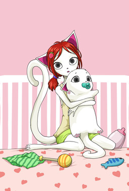 anthro baby_bottle black_eyes clothed clothing crib duo female fully_clothed fur hair holding_another kneeling looking_at_viewer male neonate object_in_mouth pacifier pacifier_in_mouth plushie ponytail rattle red_hair white_body white_fur young bananaa domestic_cat felid feline felis humanoid mammal absurd_res hi_res brother_(lore) sibling_(lore) sister_(lore)