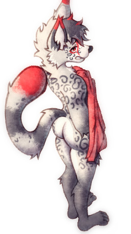 anthro butt cheek_tuft chest_tuft facial_tuft fur grey_body grey_fur grey_hair hair leopard_spots long_tail male multicolored_body multicolored_ears multicolored_fur multicolored_hair multicolored_tail nude rear_view red_ears red_eyes red_tail solo spots tail tuft white_body white_fur rispi felid leopard mammal pantherine hi_res