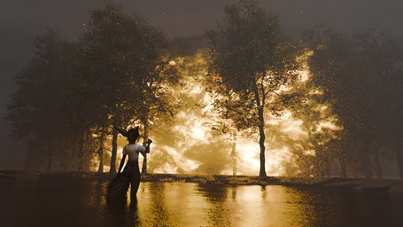 anthro clothed clothing fire male plant pond reaching reaching_out shirt solo standing topwear tree water white_clothing white_shirt white_topwear draegyn draegyn_(character) canid canine fox mammal rexouium 16:9 3d_(artwork) digital_media_(artwork) hi_res widescreen