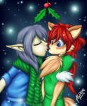 accidental_holly ambiguous_gender blue_eyes blush clothed clothing duo femboy grey_hair hair holly_(plant) kissing male plant red_hair aldergames fall_of_eden kia terry_(fall_of_eden) canid canine elf fox humanoid mammal kai_(disambiguation) hi_res