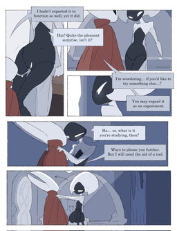 after_cunnilingus after_oral after_vaginal anthro bedroom biped black_body black_eyes bodily_fluids border bottomless bottomless_female bottomless_humanoid cloak clothed clothing detailed_background dialogue duo empty_eyes eye_contact female female/female female_anthro female_humanoid genitals holding_partner humanoid_on_anthro inside looking_at_another looking_at_partner mouthless red_cloak red_clothing saliva saliva_string sitting speech_bubble talking_to_another talking_to_partner text vulva white_body white_border white_eyes white_vulva justdog hollow_knight:_silksong hollow_knight_(franchise) team_cherry hornet_(hollow_knight) lace_(hollow_knight:_silksong) arthropod humanoid 2025 comic digital_drawing_(artwork) digital_media_(artwork) english_text hi_res