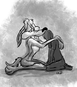 3_toes 4_fingers ambiguous_gender anthro arm_tuft arms_on_shoulders athletic athletic_anthro athletic_male biped black_eyes black_nose butt_tuft calf_tuft chest_tuft clothed clothed/nude clothed_humanoid clothing comfort comforting comforting_another dark_body dark_fur depressing depression duo ears_back ears_down elbow_tuft faceless_ambiguous faceless_character faceless_human feet fingers fur half-closed_eyes hip_tuft knee_tuft kneeling kneeling_on_ground leg_tuft looking_at_another male multicolored_body multicolored_fur narrowed_eyes nude nude_anthro nude_male paws pecs pivoted_ears plantigrade pose ribs sad shadow shoulder_tuft skinny skinny_anthro skinny_male slim slim_anthro slim_male toes tuft two_tone_body two_tone_fur stevethedragon looney_tunes warner_brothers unnamed_character wile_e._coyote canid canine canis coyote human humanoid mammal 2013 digital_drawing_(artwork) digital_media_(artwork) digital_painting_(artwork) greyscale monochrome painting_(artwork) pinup shaded signature
