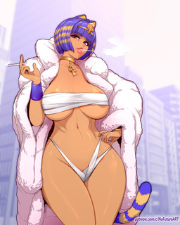 ankh areola bandage big_breasts blue_hair bob_cut breasts chest_wraps cigarette clothing coat eyelashes eyeshadow female fur_coat hair humanoidized jewelry makeup markings necklace smoke smoking solo striped_markings striped_tail stripes tail tail_markings text topwear uraeus wraps nofuture animal_crossing nintendo ankha_(animal_crossing) animal_humanoid cat_humanoid felid felid_humanoid feline feline_humanoid humanoid mammal mammal_humanoid 2026 4:5 hi_res url