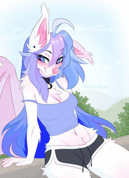 5_fingers anthro biped blue_eyes blue_hair blush bottomwear breasts chest_tuft choker claws clothed clothed_anthro clothed_female clothing day ear_piercing female finger_claws fingers front_view fully_clothed fully_clothed_anthro fully_clothed_female fur hair inner_ear_fluff jewelry long_hair navel necklace outside pants piercing plant sky smile solo topwear tree tuft white_body white_fur wings ei-ka prism_(prsmrti) bat mammal 2025 digital_media_(artwork) hi_res