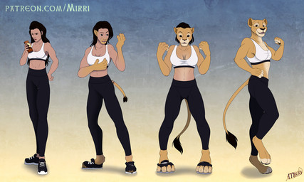 anthro athletic athletic_wear base_one_layout basic_sequence beverage biped black_hair black_pawpads bottomwear bra brown_eyes claws clothing digitigrade female footwear four_frame_image four_frame_sequence fur fur_growth gradient_background growth gym_bottomwear hair hair_loss human_to_anthro linear_sequence long_hair one_row_layout pale_skin pants pawpads paws plantigrade plantigrade_to_digitigrade shoes shorts simple_background snout snout_growth solo species_transformation sports_bra tail tail_growth tail_tuft tan_body tan_fur teeth torn_bottomwear torn_clothing torn_pants torn_shorts transformation transformation_sequence tuft underwear whiskers mirri felid human humanoid lion mammal pantherine 5:3 sequence