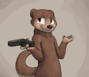 ambiguous_gender anthro brown_body brown_eyes brown_fur claws cute_fangs fangs fur gesture gloves_(marking) gun holding_gun holding_object holding_ranged_weapon holding_weapon markings pawpads ranged_weapon shrug simple_background solo tail teeth weapon glibnel mammal mustelid otter 2025 absurd_res hi_res portrait three-quarter_portrait