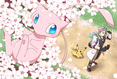 ambiguous_gender backpack binoculars black_hair blue_eyes cherry_blossom clothed clothing eyewear feral flower fur group hair male outside pink_body pink_fur plant pokemon_professor prunus_(flower) red_cheeks white_hair yellow_body yellow_fur nintendo pokemon pokemon_go professor_willow generation_1_pokemon human legendary_pokemon mammal mew_(pokemon) pikachu pokemon_(species)