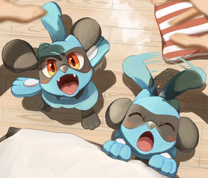 ambiguous_gender anthro anthro_focus blue_ears blue_tail blush duo_focus eyes_closed fingernails fingers first_person_view group happy high-angle_view human_pov iris multicolored_body nails pink_tongue pupils shadow standing tail tail_motion tailwag teeth tongue trio young young_ambiguous irago nintendo pokemon generation_4_pokemon human mammal pokemon_(species) riolu 2023 signature