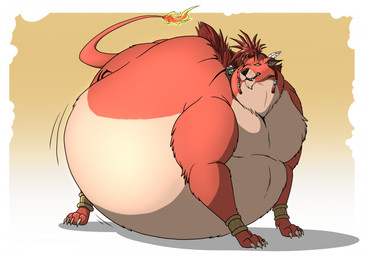 all_fours belly big_belly bracelet claws fangs feather_in_mane feral fire flaming_tail fur head_turned huge_belly hyper hyper_belly jewelry male mane morbidly_obese morbidly_obese_feral morbidly_obese_male nude nude_male obese obese_feral obese_male overweight overweight_feral overweight_male paws raised_tail solo tail teeth whiskers hectorthewolf final_fantasy final_fantasy_vii square_enix red_xiii canid canine canis felid hybrid lion mammal pantherine wolf 2026 hi_res