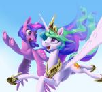 2017 absurd_res crown cutie_mark day duo equid equine eyelashes feathered_wings feathers female feral flying friendship_is_magic fur hair hasbro headgear hi_res hooves horn jewelry mammal multicolored_hair multicolored_tail my_little_pony mythological_creature mythological_equine mythology nadnerbd open_mouth princess princess_celestia_(mlp) purple_body purple_eyes purple_fur royalty sky smile sparkles tail tiara twilight_sparkle_(mlp) underhoof unicorn_horn white_body white_feathers white_fur winged_unicorn wings