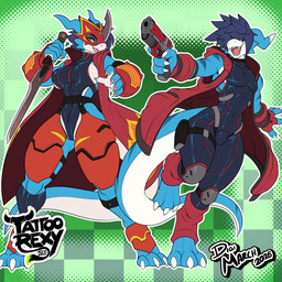 anthro armor blue_body bodysuit breasts claws clothing duo female fingerless_gloves gloves gun hair hair_over_eyes handgun handwear jacket leotard male melee_weapon pistol ranged_weapon sharp_teeth skinsuit sword teeth tight_clothing topwear unconvincing_armor weapon tattoorexy bandai_namco digimon digimon_(species) flamedramon scalie 2026