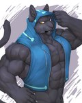 abs anthro black_body black_fur black_lips black_nose blue_clothing blue_eyes blue_hoodie blue_topwear claws clothing different_colored_sclera fangs fur grey_background heterochromia hoodie lips looking_at_viewer male melanistic midriff muscular muscular_anthro muscular_male pecs simple_background solo teeth topwear white_background white_claws yellow_eyes captainjohkid felid feline mammal pantherine 4:5 hi_res