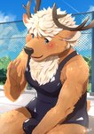 anthro antlers blue_eyes blush brown_body brown_fur bulge chest_tuft clothing fur horn male one-piece_swimsuit solo swimwear tuft hijirinoyuta lifewonders tokyo_afterschool_summoners yule_(tas) deer mammal new_world_deer reindeer hi_res