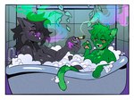 anthro bath bathing bathtub bubble_bath cheek_tuft drugs duo eye_scar facial_scar facial_tuft fangs faucet female fur green_body green_fur green_hair grey_body grey_fur grey_hair hair half-closed_eyes licking licking_lips marijuana marijuana_blunt narrowed_eyes open_mouth open_smile pawpads paws pink_pawpads purple_pawpads scar smile smoking smoking_marijuana teeth tongue tongue_out tuft sparkibarki canid canine canis domestic_cat felid feline felis mammal wolf hi_res