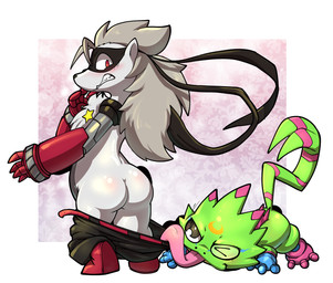 4_fingers abstract_background all_fours ambiguous_gender anthro assisted_exposure blush border bottomwear bottomwear_down butt chest_tuft clothed clothing clothing_pull cybernetics duo embarrassed fingers footwear fur glistening glistening_body green_body grey_body grey_fur grey_hair hair long_tongue looking_at_another machine mask mechanical_arm pants pants_down pantsing partially_clothed prehensile_tongue sheriff_badge shoes standing tongue tuft white_body white_border white_fur lkiws bandai_namco digimon cyborg digimon_(species) gekkomon scalie wolvermon 2025 hi_res