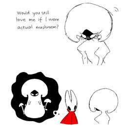 anthro biped black_body black_eyes blush blush_lines cloak clothing duo empty_eyes eye_contact female fungus imagination looking_at_another mouthless mushroom red_cloak red_clothing simple_background text thought_bubble white_background white_body white_eyes katatsumu_ktkt hollow_knight:_silksong hollow_knight_(franchise) team_cherry would_you_still_love_me_if_i_was_a_worm_(meme) hornet_(hollow_knight) lace_(hollow_knight:_silksong) arthropod 2026 comic digital_drawing_(artwork) digital_media_(artwork) english_text
