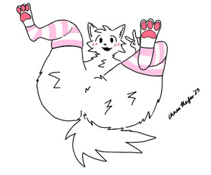 3_toes anthro blush blush_lines clothing feet femboy fur gesture hand_gesture legs_up legwear male pattern_clothing pattern_legwear pattern_stockings pink_stripes presenting solo stockings striped_clothing striped_legwear striped_stockings stripes tail toes v_sign white_body white_fur chase_the_fox(artist) boy_kisser_(meme) silly_cat_(mauzymice) felid mammal meme