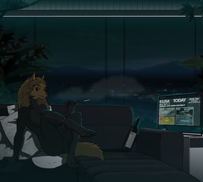 alcohol anthro beverage black_sclera bottle breasts cigarette cigarette_holder clothing container cybernetics electronics female furniture future glowing glowing_eyes machine night orange_eyes pillow relaxing screen skinsuit smoke smoking sofa television tight_clothing wine aleone canid canine canis cyborg jackal mammal robot