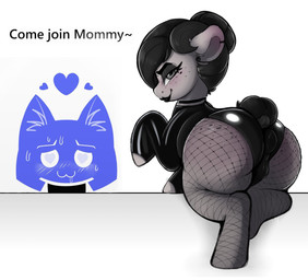 advertisement ambiguous_form ambiguous_gender anus anus_outline anus_visible_through_clothes bedroom_eyes big_butt black_hair black_lipstick butt choker clothing duo equine_anus eyeshadow female feral fishnet_clothing fishnet_legwear hair hair_bun huge_butt jewelry legwear lipstick makeup mommy_kink narrowed_eyes necklace puffy_anus seductive short_tail tail themimicartist discord_(app) hasbro my_little_pony mimic_(themimicartist) earth_pony equid equine horse mammal pony digital_media_(artwork) hi_res