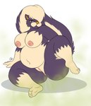 4_toes anthro anthrofied anus areola arm_support bedroom_eyes belly big_breasts big_butt big_tail biped black_eyes blush body_blush breasts butt curvy_figure eyelashes fangs fart fart_cloud fart_fetish feet female female_anthro front_view fur genitals gloves_(marking) hair hair_over_eye holding_leg_up innie_pussy leaning leg_markings looking_at_viewer markings multicolored_body multicolored_fur narrowed_eyes navel nipples nude orange_nose overweight overweight_anthro overweight_female pokemorph purple_body purple_fur pussy pussy_blush raised_leg raising_leg seductive simple_background sitting smile socks_(marking) soles solo tail tan_body tan_fur tan_hair teeth thick_thighs toes two_tone_body two_tone_fur white_background wide_hips coaster14 nintendo pokemon generation_4_pokemon mammal mephitid pokemon_(species) skunk skuntank 2017 digital_media_(artwork) full-length_portrait hi_res portrait signature