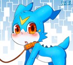 anthro bdsm blush butt collar embarrassed horn leash male petplay red_eyes roleplay solo spines leaflizard0903 bandai_namco digimon digimon_(species) veemon hi_res