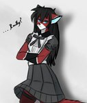 annoyed anthro black_body blue_eyes clothing crossed_arms female legwear machine maid_uniform red_body solo stockings synthetic uniform capngoku ara_(fluff-kevlar) android felid feline mammal robot absurd_res hi_res