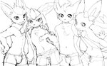 anthro anthrofied blush bottomwear clothed clothing drawstring_bottomwear eeveelution flareon generation_1_pokemon generation_4_pokemon generation_6_pokemon glaceon group hand_on_hip hand_on_shoulder hi_res kemono leafeon looking_at_viewer male monochrome navel neck_tuft nintendo pokemon pokemon_(species) raizinndx shorts sketch sylveon topless tuft