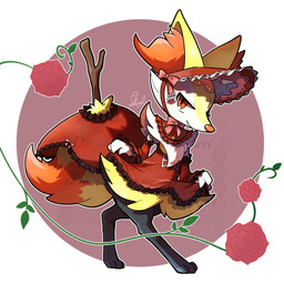 ambiguous_anthro ambiguous_gender anthro bonnet bow_ribbon closed_smile clothed clothing clothing_lift curtsey dipstick_tail dress dress_lift flat_chested flower furgonomics headgear headwear leaning leaning_forward looking_at_viewer markings mouth_closed object_in_tail plant red_clothing red_dress rose_(flower) side_view simple_background smile snout solo standing stick stick_in_tail tail tail_markings shual3734 nintendo pokemon pokemon_cafe_remix braixen canid generation_6_pokemon mammal pokemon_(species) 1:1 2026 digital_drawing_(artwork) digital_media_(artwork) full-length_portrait hi_res japanese_description portrait signature translated_description