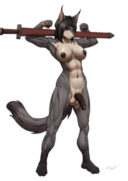 abs anthro athletic athletic_anthro athletic_gynomorph athletic_intersex balls biceps big_breasts breasts brown_nipples dark_hair dark_penis flaccid foreskin fur genitals grey_body grey_fur gynomorph hair humanoid_genitalia humanoid_penis intersex looking_at_viewer melee_weapon multicolored_penis nipples nude penis purple_eyes red_penis sheathed_sword short_hair simple_background solo standing stripes sword vein veiny_penis weapon white_background za-owl elwyna_(za-owl) domestic_cat felid feline felis mammal 2026 absurd_res digital_drawing_(artwork) digital_media_(artwork) hi_res